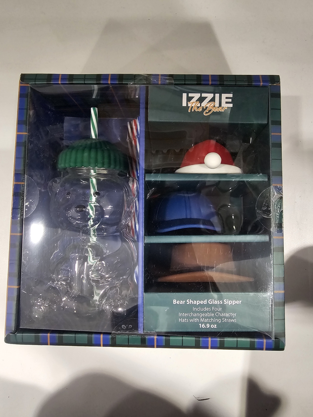 Izzie the Bear Shaped Glass Sipper Glass Sipper with 4 Hats NWT